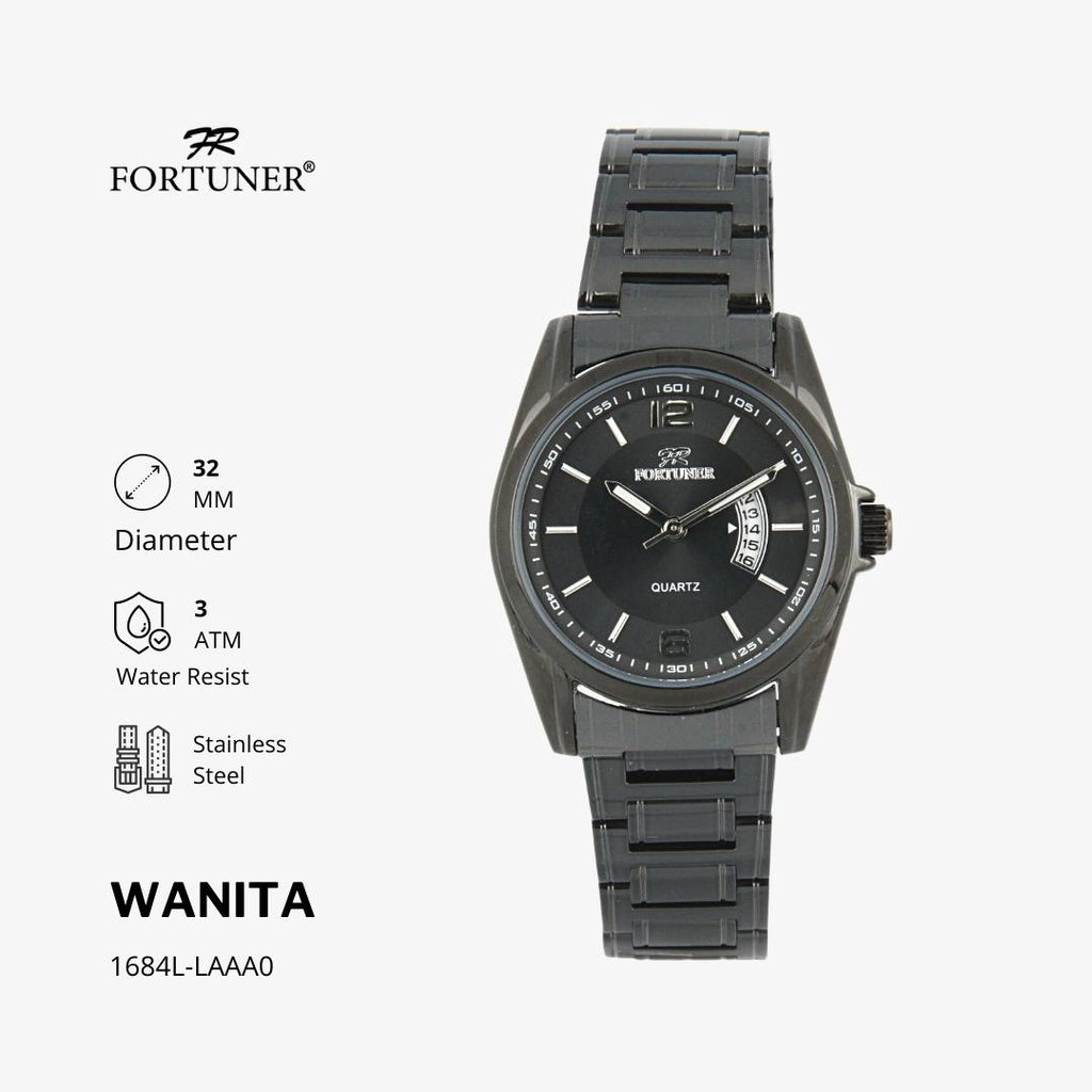 Fortuner Jam Tangan Couple Tahan Air Analog Water Resist Rantai Stainless 10803L Hitam
