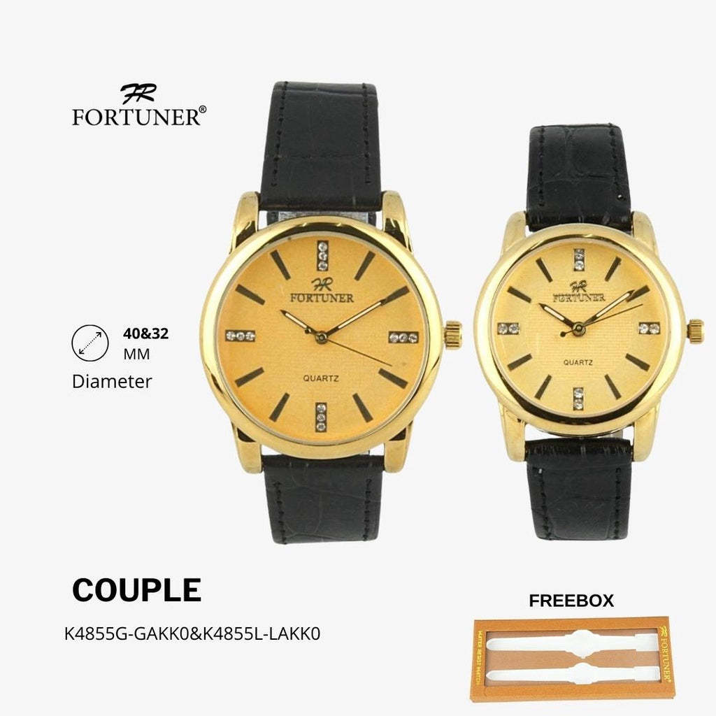 Fortuner Jam Tangan Couple Fashion Analog Pria Wanita Kulit Tahan Air Gold Charlemagne