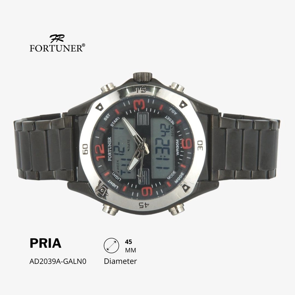 Fortuner Jam Tangan Sports Pria Analog-Digital Water Resistant Rantai Stainless Hitam Hollister