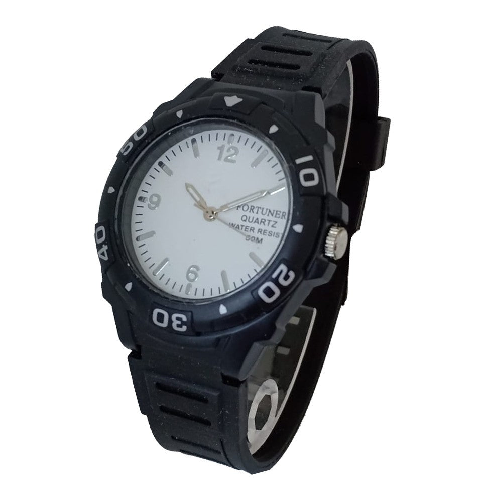 Fortuner Jam Tangan Original Pria Strap Tali Rubber 832-UAAJ0 Hitam Putih