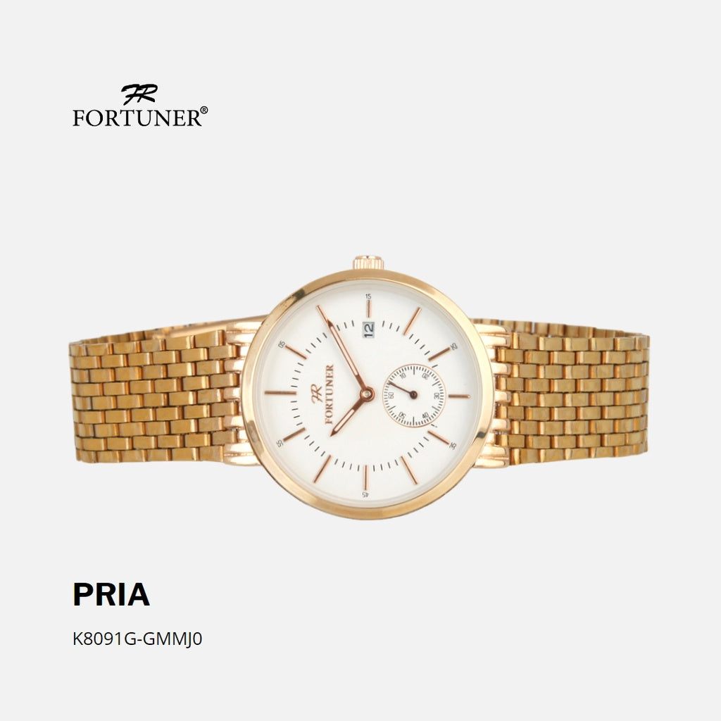 Fortuner Jam Tangan Water Resist Pria Stainless Tahan Air K8091G Rosegold-White Dial