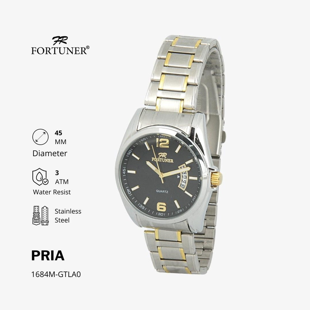 Fortuner Jam Tangan Pria Rantai Stainless Water Resist Tanggal Hitam Silver Oscar