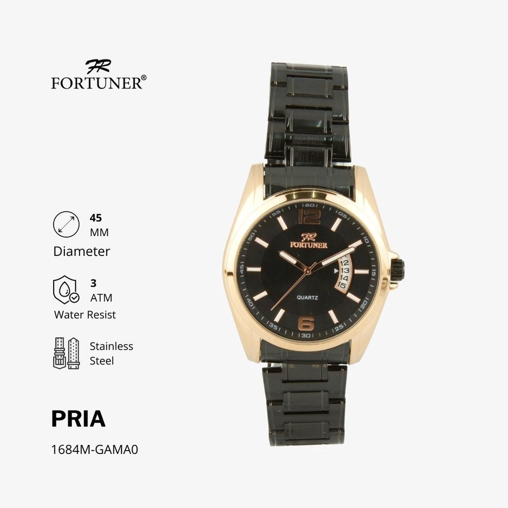 Fortuner Jam Tangan Pria Rantai Stainless Water Resist Tanggal Hitam Silver Oscar