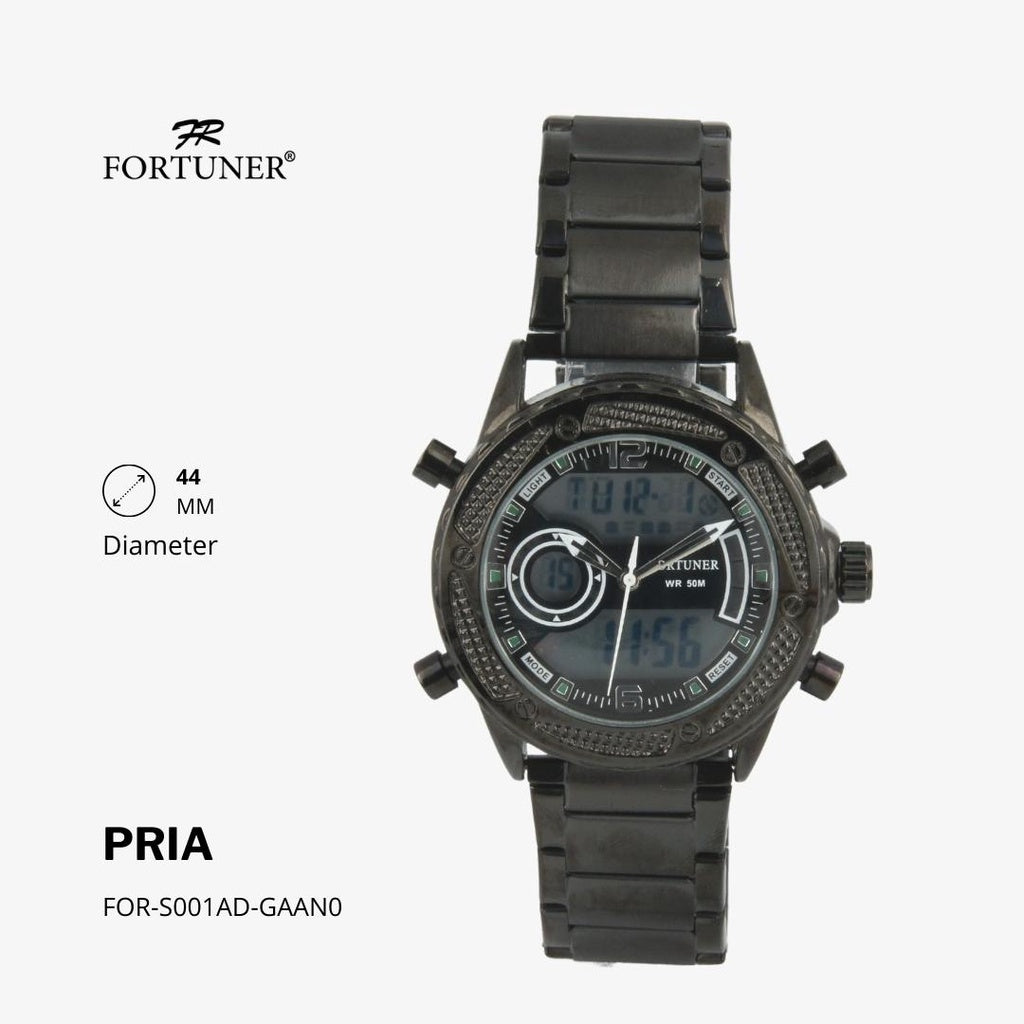 Fortuner Jam Tangan Sports Pria Analog-Digital Water Resistant Rantai Stainless Hitam Hartlee