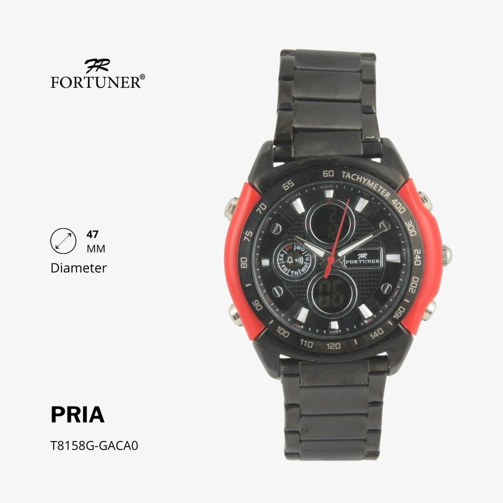 Fortuner Jam Tangan Sports Pria Analog-Digital Water Resistant Rantai Stainless Black Hardie