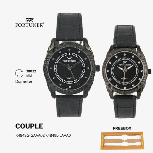 Fortuner Jam Tangan Couple Fashion Analog Pria Wanita Kulit Tahan Air Hitam Gold Broda