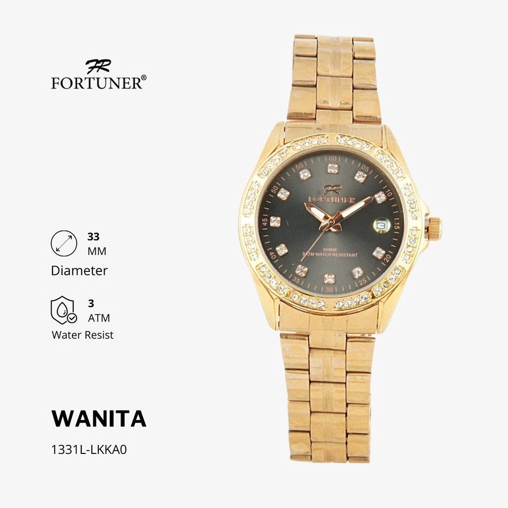 Fortuner Jam Tangan Analog Wanita Hitam Water Resistant Rantai Aurora