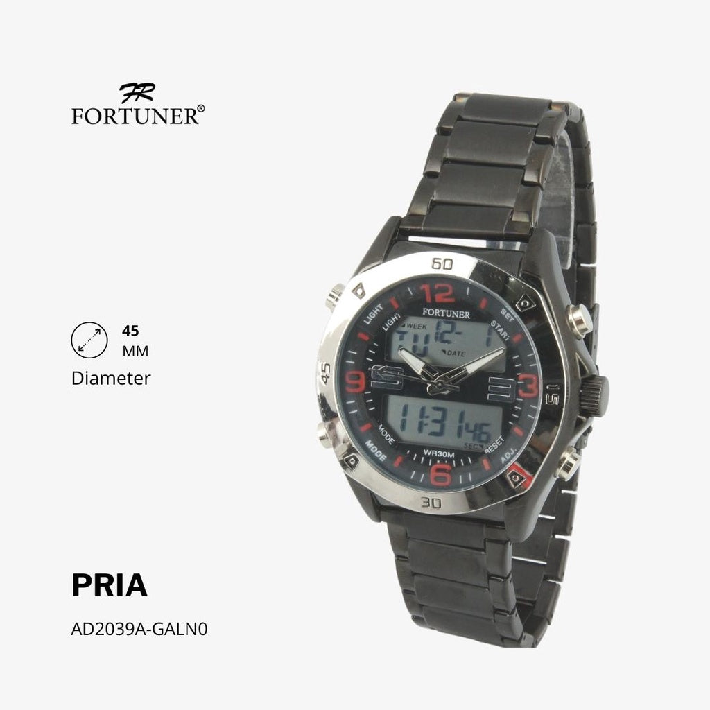 Fortuner Jam Tangan Sports Pria Analog-Digital Water Resistant Rantai Stainless Hitam Hollister