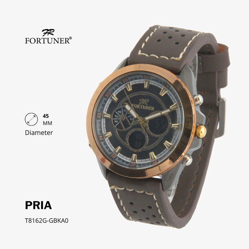 Fortuner Jam Tangan Fashion Pria Analog-Digital Water Resistant Kulit Hitam Coklat Hien