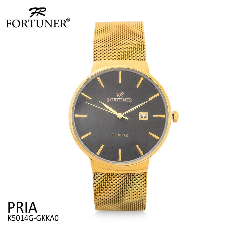 Fortuner Jam Tangan Analog Pria Rantai Stainless Water Resist Tahan Air K5014G Gold-Dial Black