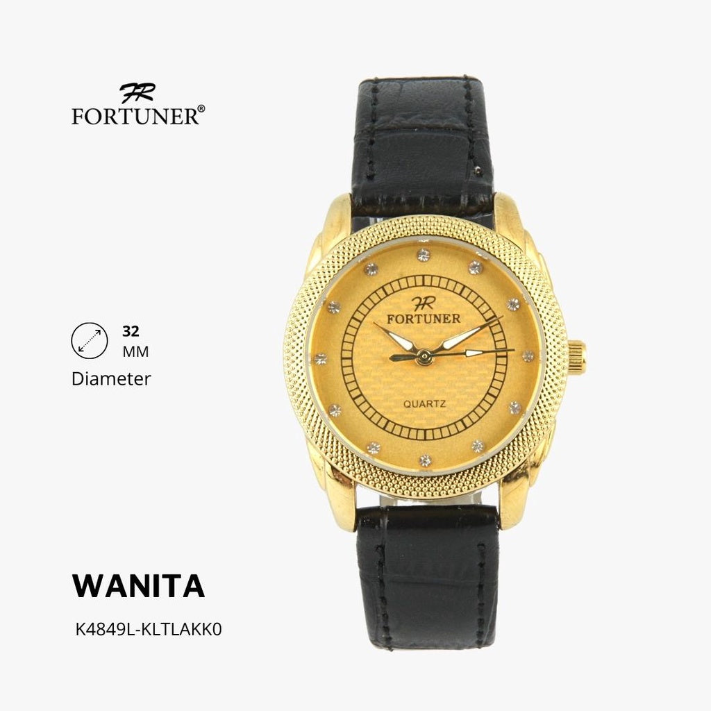 Fortuner Jam Tangan Couple Fashion Analog Pria Wanita Kulit Tahan Air Hitam Gold Broda