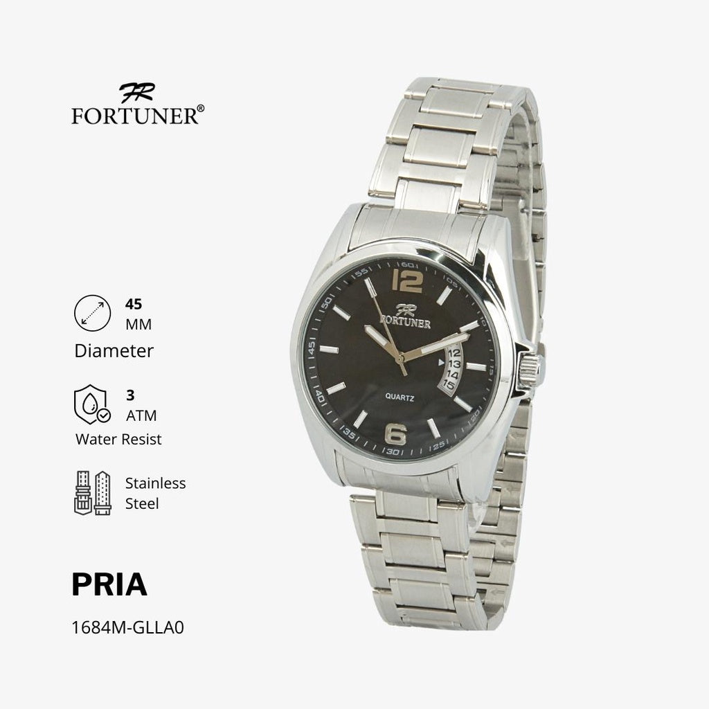 Fortuner Jam Tangan Pria Rantai Stainless Water Resist Tanggal Hitam Silver Oscar