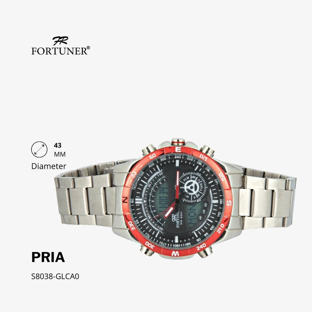 Fortuner Jam Tangan Pria Double Time Silver Red Water Resistant Alvert