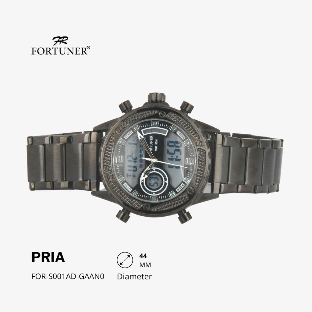 Fortuner Jam Tangan Sports Pria Analog-Digital Water Resistant Rantai Stainless Hitam Hartlee