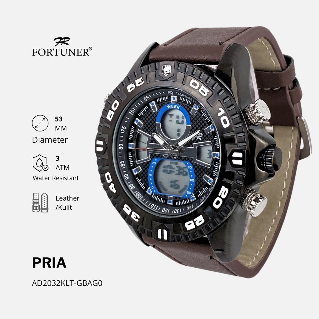 Fortuner Jam Tangan Pria Analog-Digital Dualtime Kulit Tahan Air Nunzio