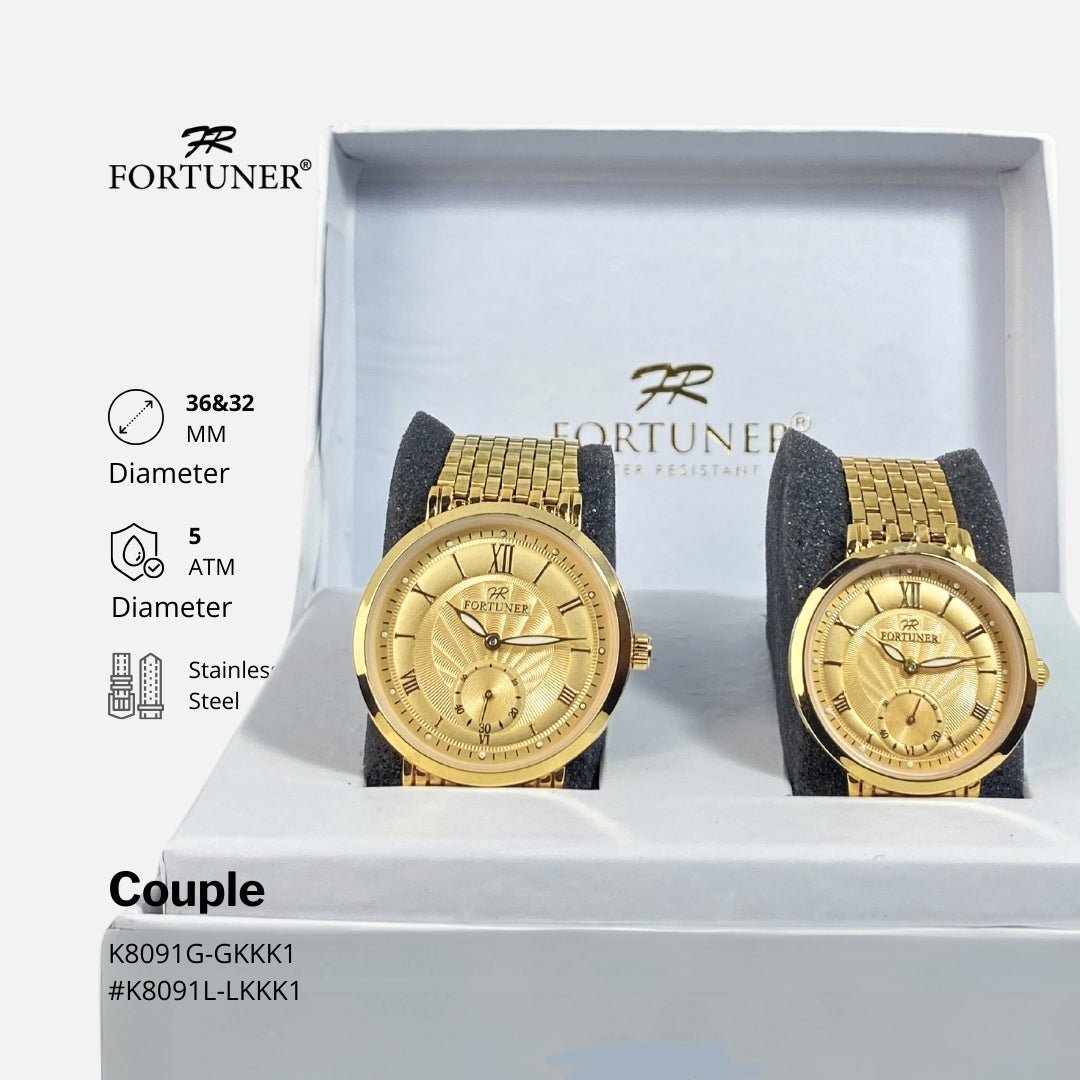 Fortuner Jam Tangan Couple Fashion Analog Quartz Tahan Air Rantai Stainless Laine