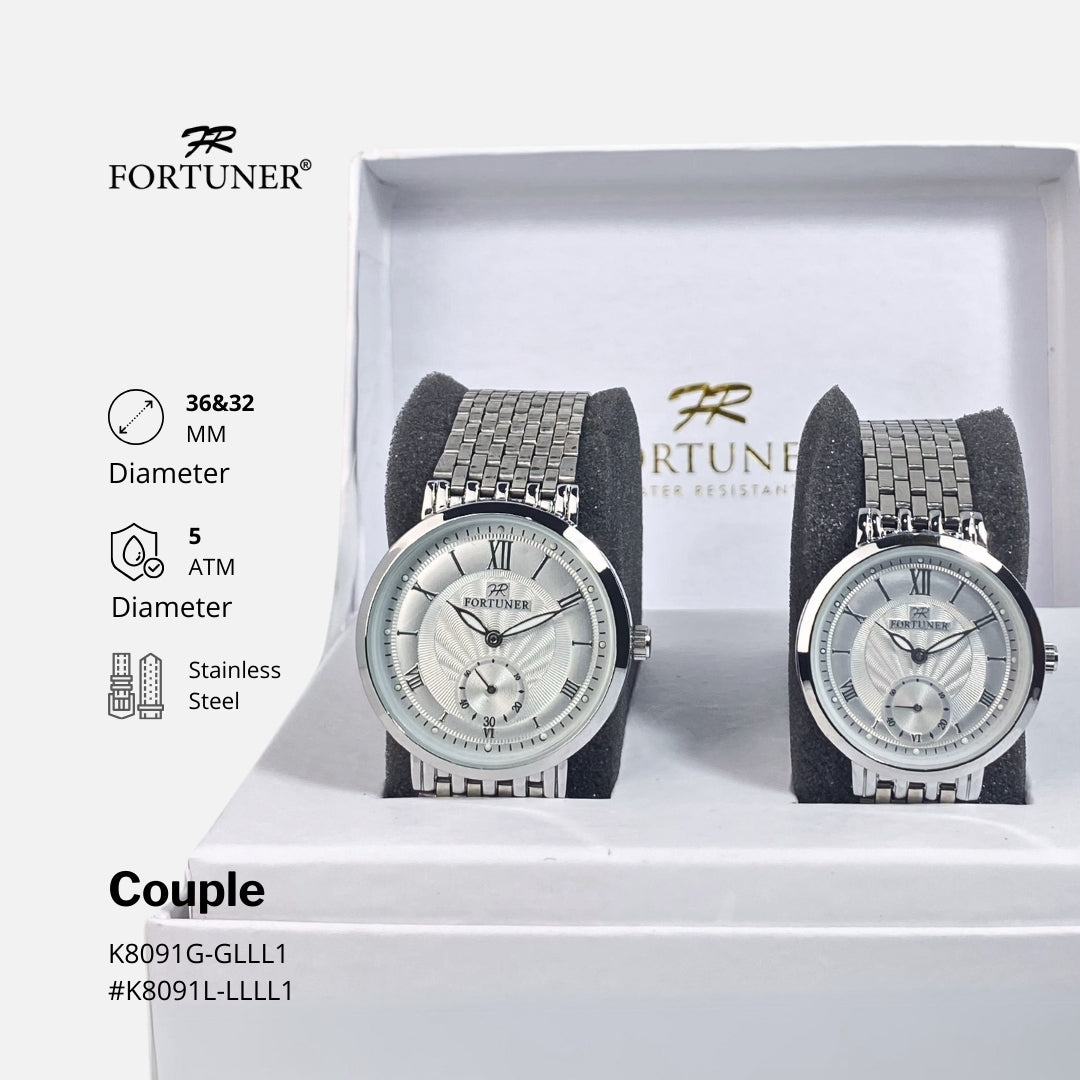 Fortuner Jam Tangan Couple Fashion Analog Quartz Tahan Air Rantai Stainless Laine