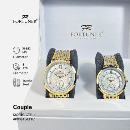 Fortuner Jam Tangan Couple Fashion Analog Quartz Tahan Air Rantai Stainless Laine