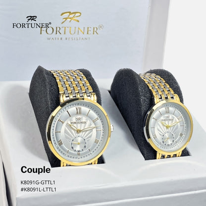 Fortuner Jam Tangan Couple Fashion Analog Quartz Tahan Air Rantai Stainless Laine