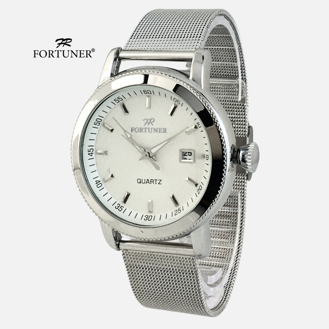 Fortuner Jam Tangan Pria Casual Analog Quartz Tahan Air Rantai Pasir Stainless Silver Olavi