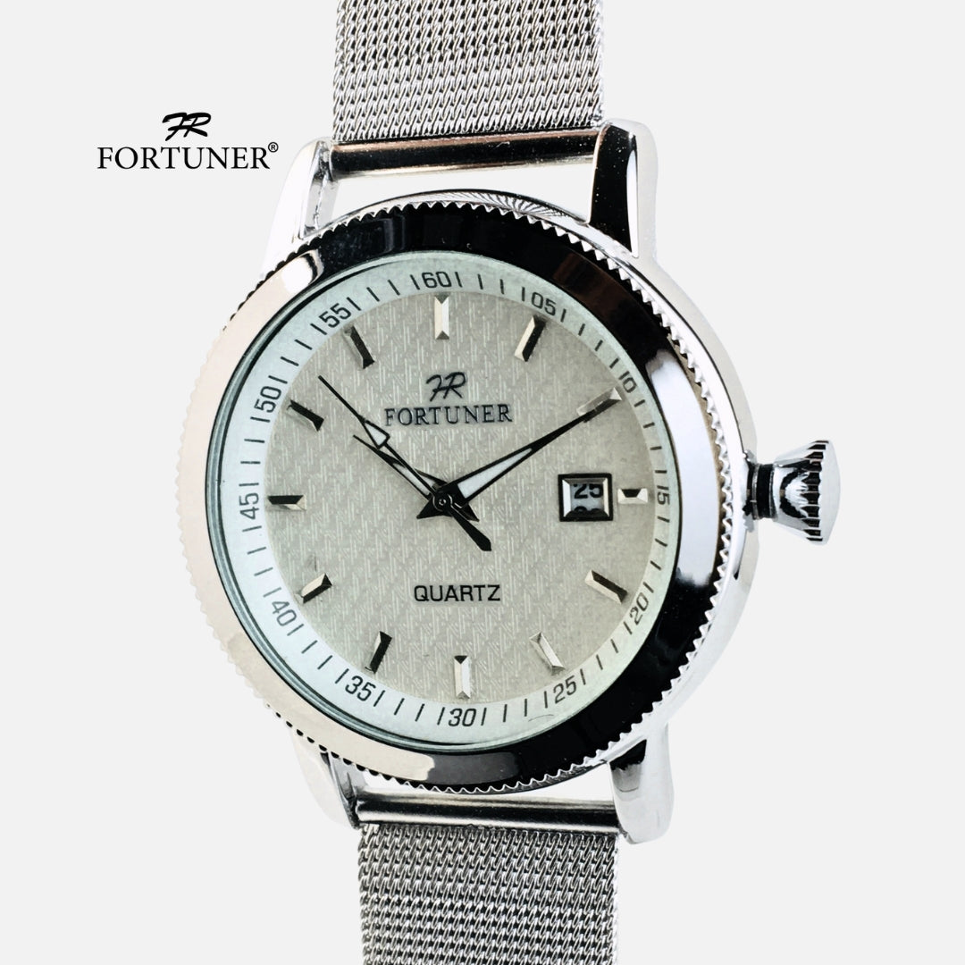 Fortuner Jam Tangan Pria Casual Analog Quartz Tahan Air Rantai Pasir Stainless Silver Olavi