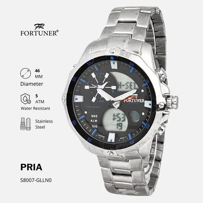 Fortuner Jam Tangan Pria Sport Analog-Digital Quartz Tahan Air Rantai Stainless Edvin