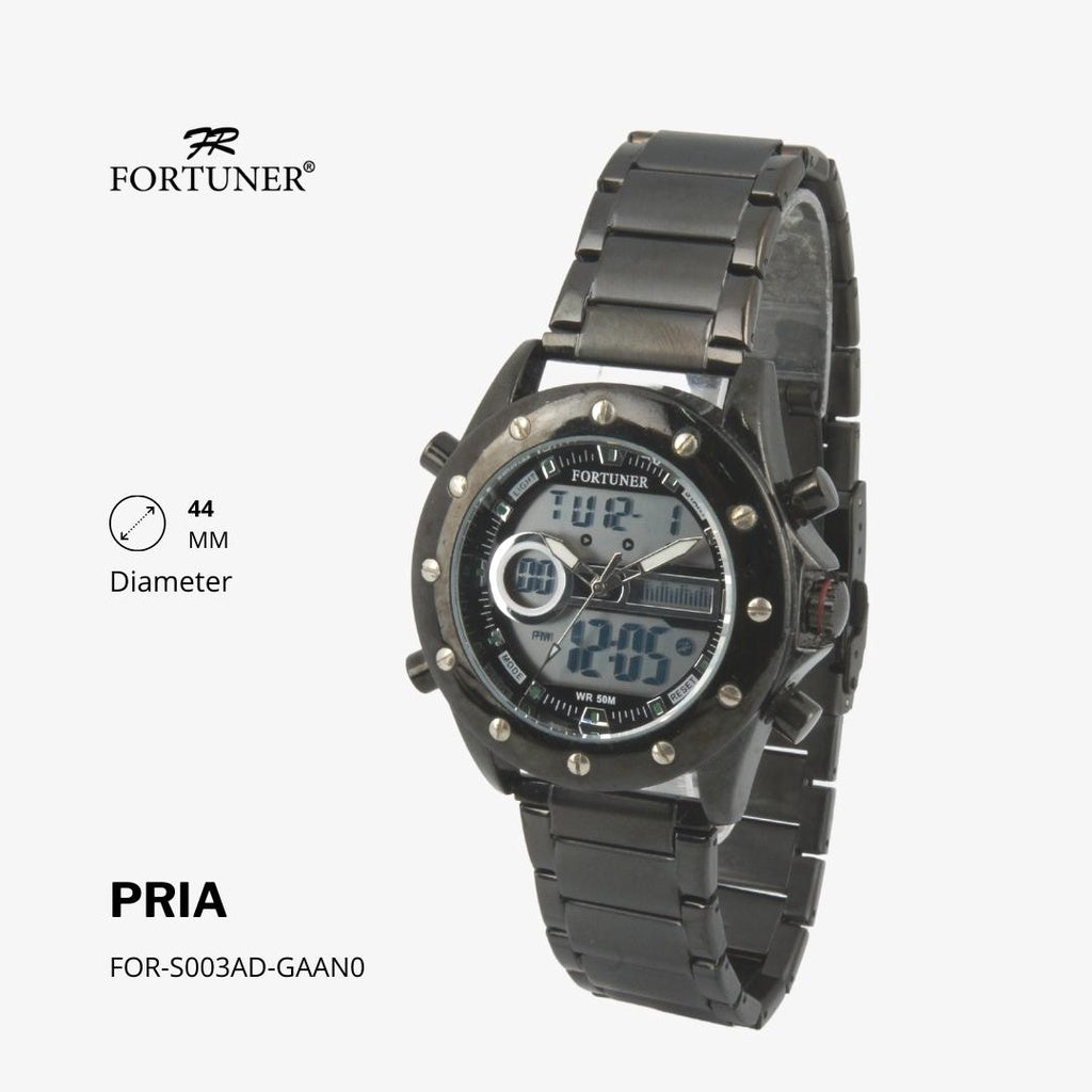 Fortuner Jam Tangan Sports Pria Analog-Digital Water Resistant Rantai Stainless Hitam Hali