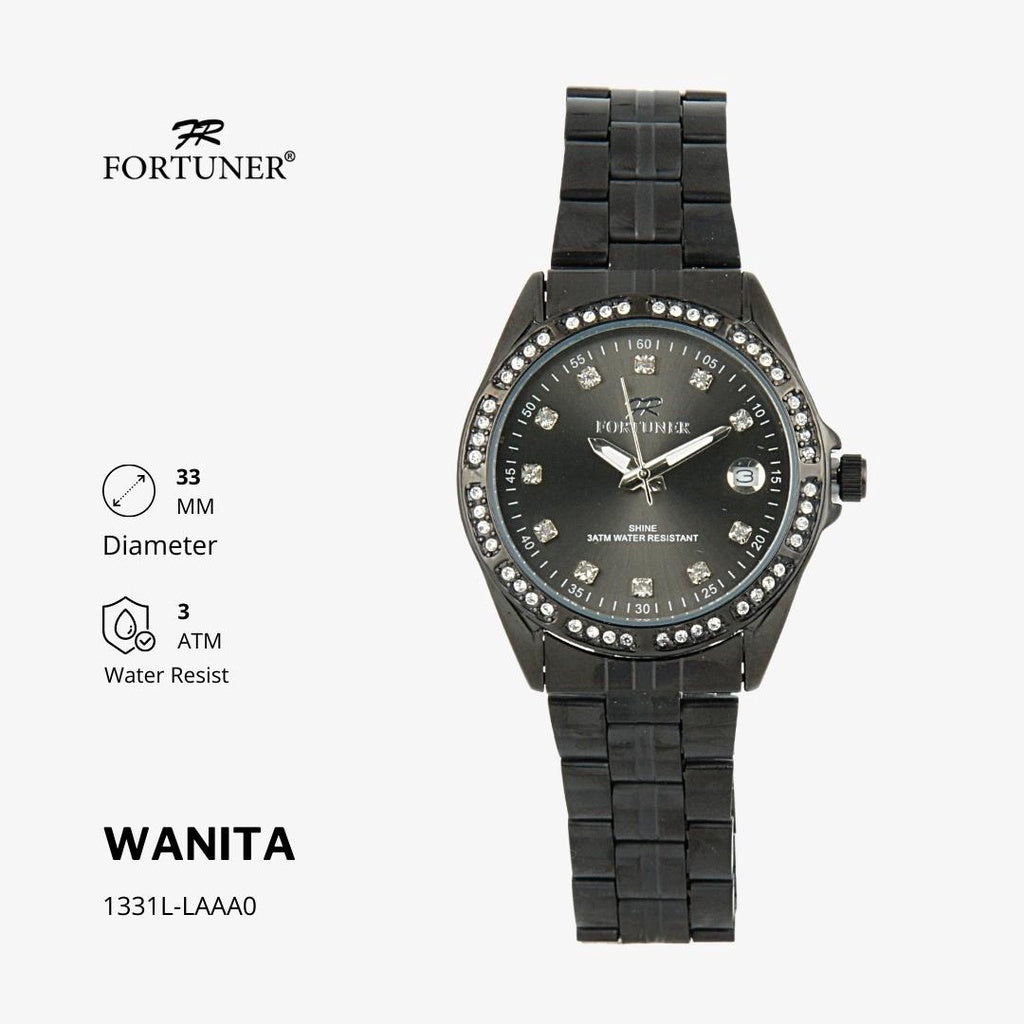 Fortuner Jam Tangan Analog Wanita Hitam Water Resistant Rantai Aurora