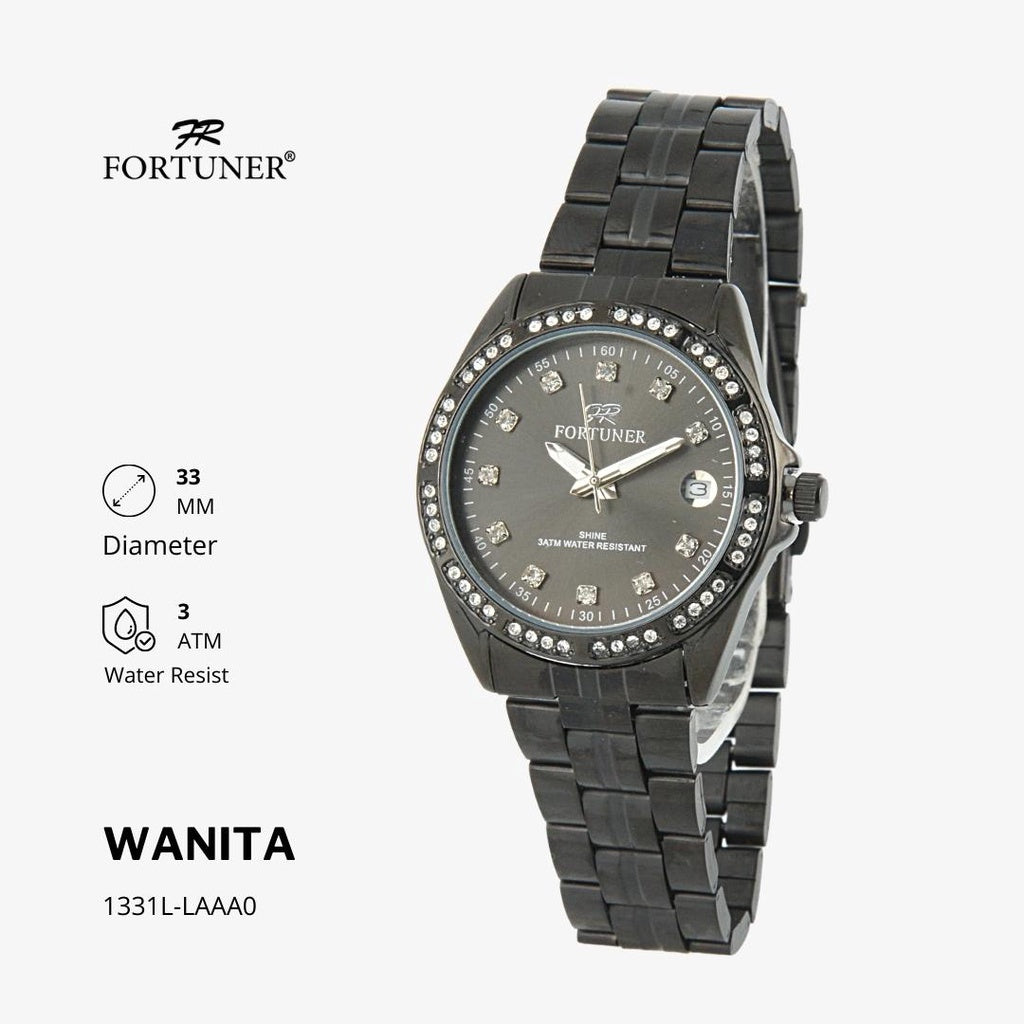 Fortuner Jam Tangan Analog Wanita Hitam Water Resistant Rantai Aurora