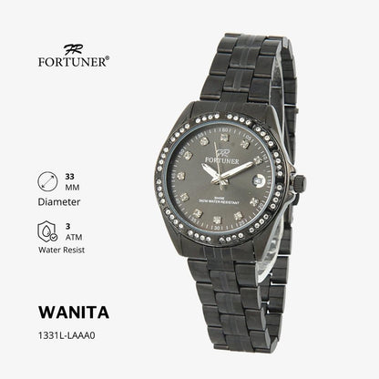 Fortuner Jam Tangan Analog Wanita Hitam Water Resistant Rantai Aurora