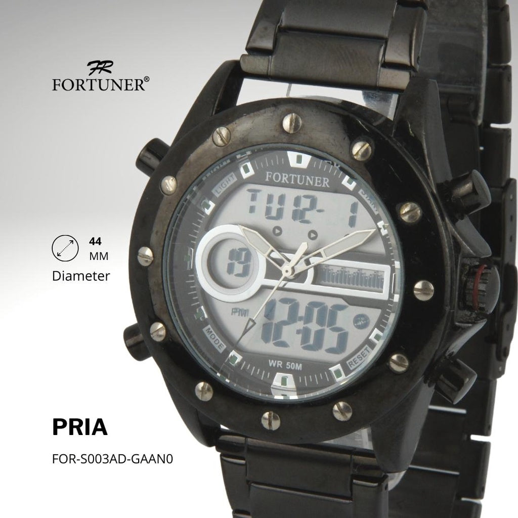 Fortuner Jam Tangan Sports Pria Analog-Digital Water Resistant Rantai Stainless Hitam Hali