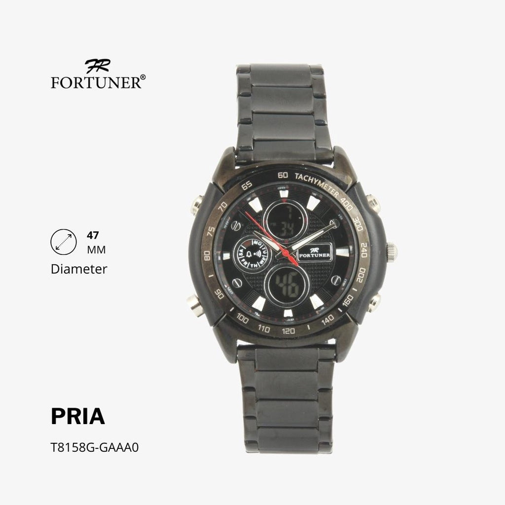 Fortuner Jam Tangan Sports Pria Analog-Digital Water Resistant Rantai Stainless Black Hardie