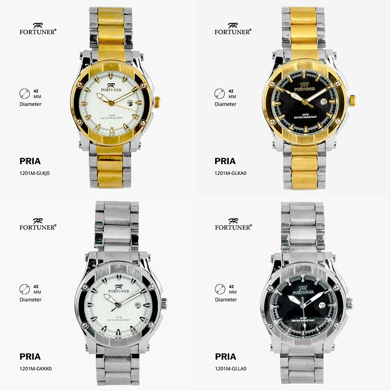 Fortuner Jam Tangan Analog Pria Water Resistant Rantai Stainless Gold, Silver Hitam Hutton