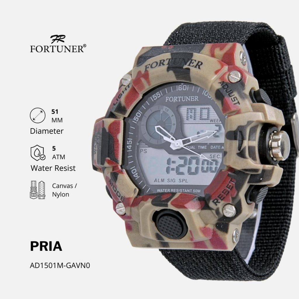 Fortuner Jam Tangan Pria Analog-Digital Dual Time Motif Army Tahan Air Kanvas Karet Covington