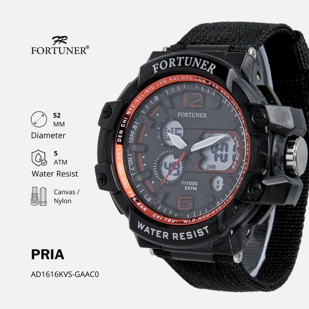 Fortuner Jam Tangan Pria Sport Analog-Digital Dual Time Tahan Air Kanvas Azria