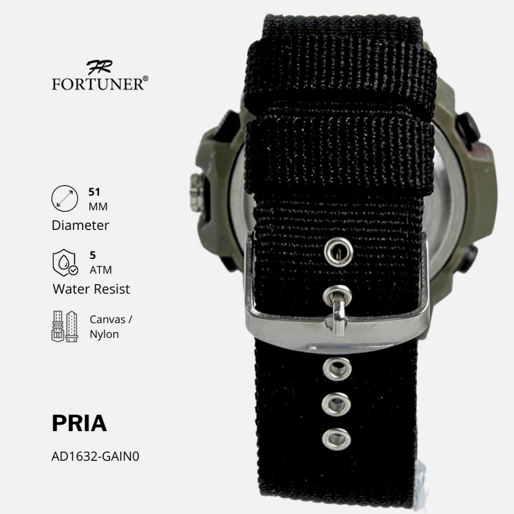 Fortuner Jam Tangan Pria Analog-Digital Dual Time Motif Army Kanvas Tahan Air Harvee