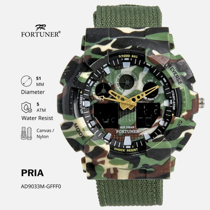 Fortuner Jam Tangan Pria Analog-Digital Dual Time Motif Army Tahan Air Kanvas Dyamond