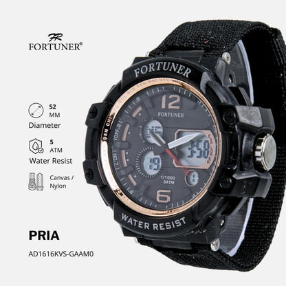 Fortuner Jam Tangan Pria Sport Analog-Digital Dual Time Tahan Air Kanvas Azria