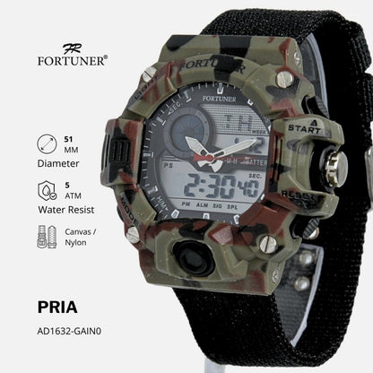 Fortuner Jam Tangan Pria Analog-Digital Dual Time Motif Army Kanvas Tahan Air Harvee