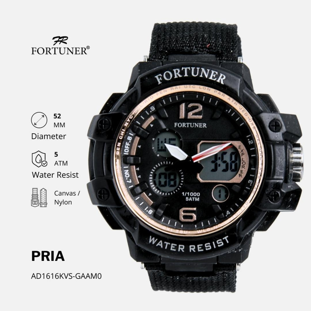 Fortuner Jam Tangan Pria Sport Analog-Digital Dual Time Tahan Air Kanvas Azria