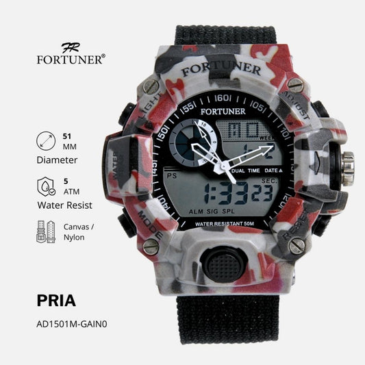 Fortuner Jam Tangan Pria Analog-Digital Dual Time Motif Army Tahan Air Kanvas Karet Covington