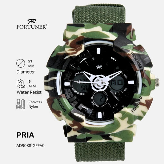 Fortuner Jam Tangan Pria Analog-Digital Dual Time Motif Army Tahan Air Kanvas Jonni