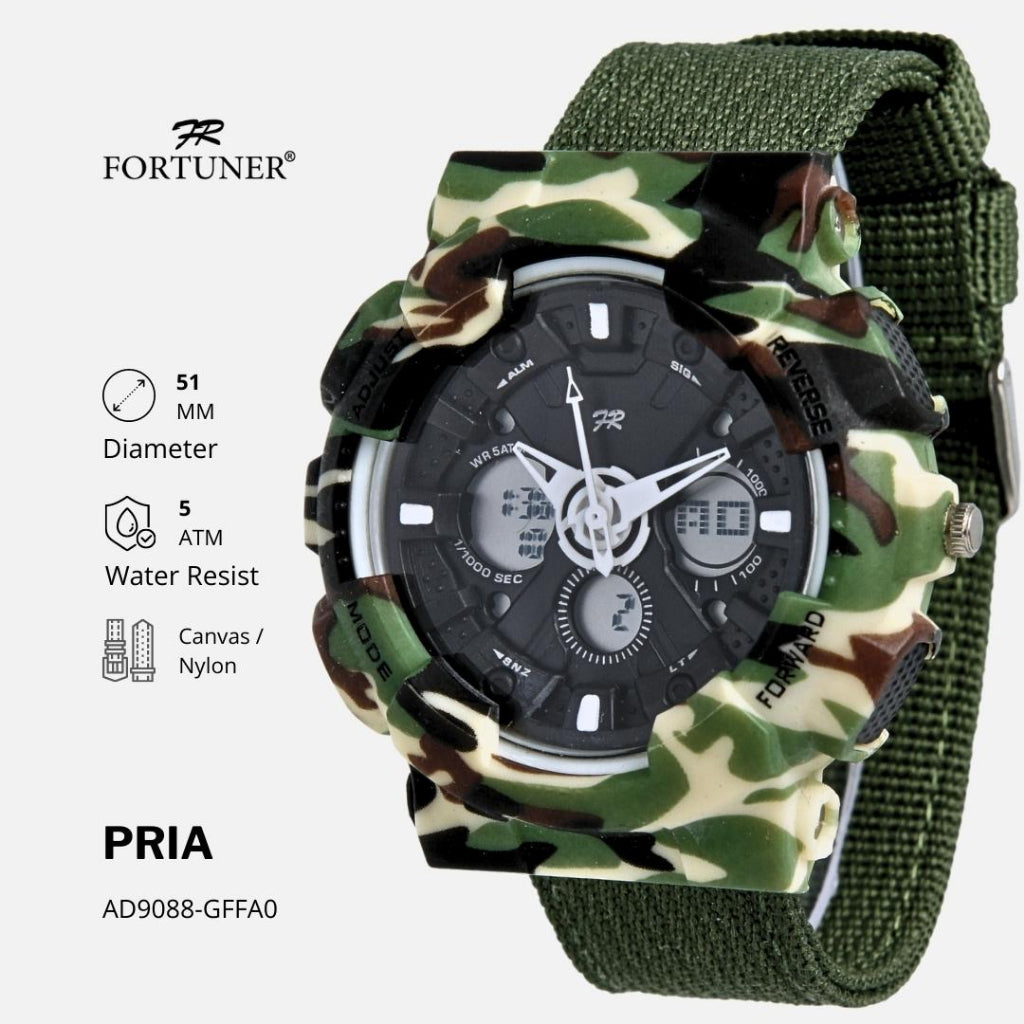 Fortuner Jam Tangan Pria Analog-Digital Dual Time Motif Army Tahan Air Kanvas Jonni