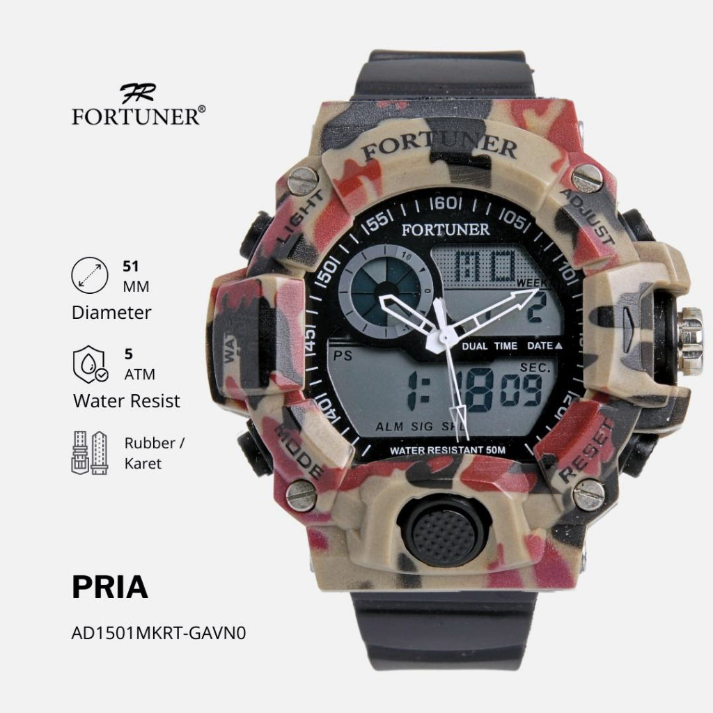 Fortuner Jam Tangan Pria Analog-Digital Dual Time Motif Army Tahan Air Kanvas Karet Covington