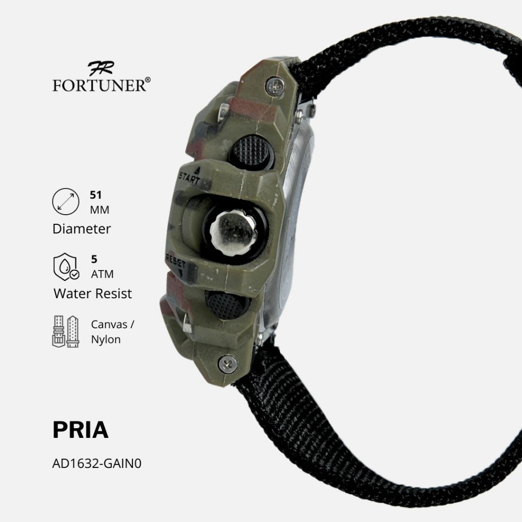 Fortuner Jam Tangan Pria Analog-Digital Dual Time Motif Army Kanvas Tahan Air Harvee