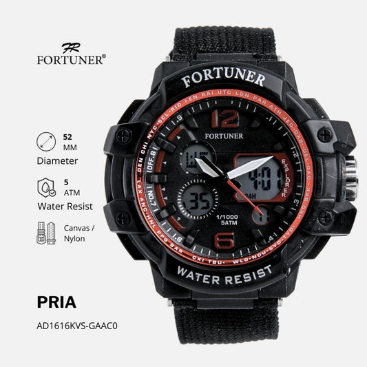 Fortuner Jam Tangan Pria Sport Analog-Digital Dual Time Tahan Air Kanvas Azria