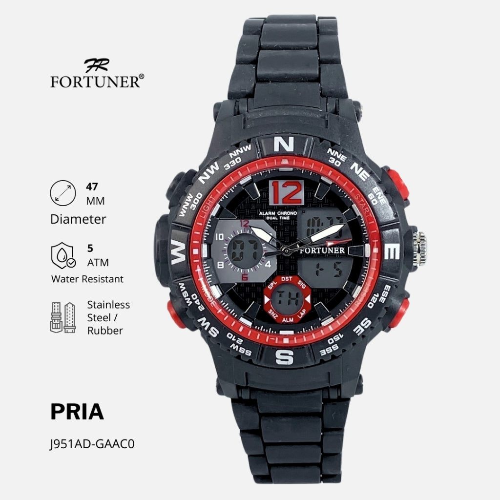 Fortuner Jam Tangan Pria Double Time Hitam Merah Water Resistant Aydin