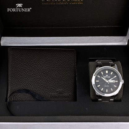 Fortuner Jam Tangan Analog Pria Day-Date Water Resistant Rantai Bonus Dompet dan Box Exclusive Preston