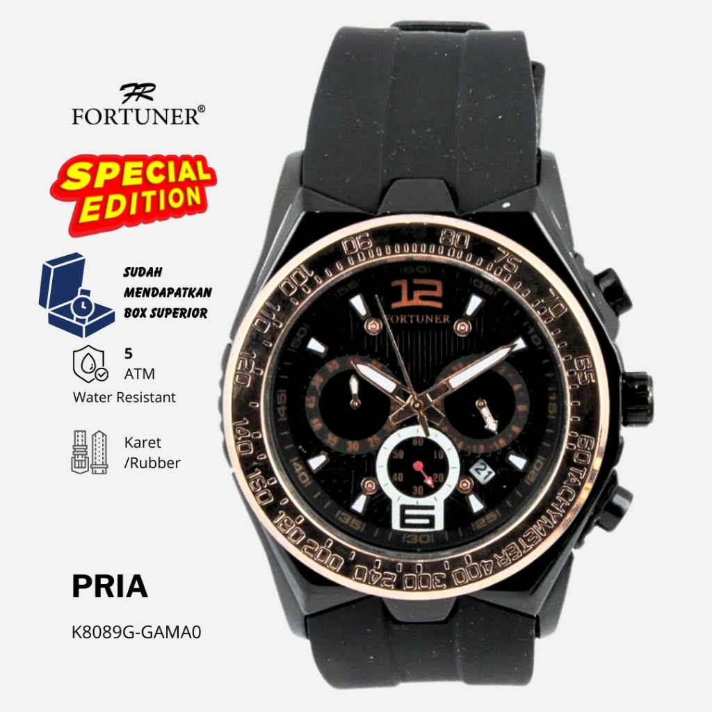 Fortuner Jam Tangan Pria Analog Chrono Tahan Air Karet Orland