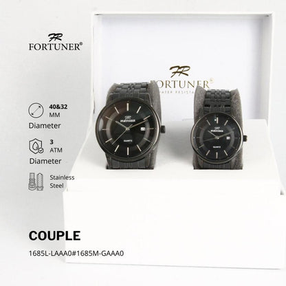 Fortuner Arloji Couple Jam Tangan Analog Tahan Air Water Resistant Rantai Stainless Celestial Hitam